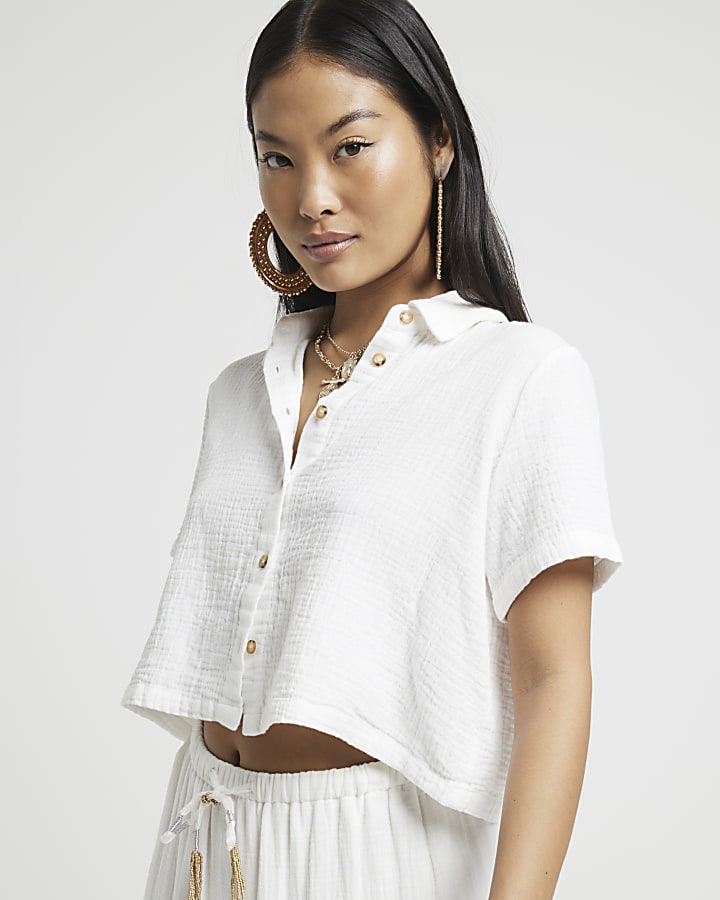 Petite white textured crop shirt