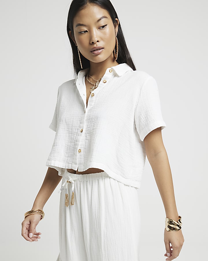 Petite white textured crop shirt