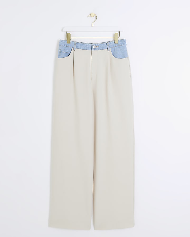 Beige hybrid denim detail wide leg trousers