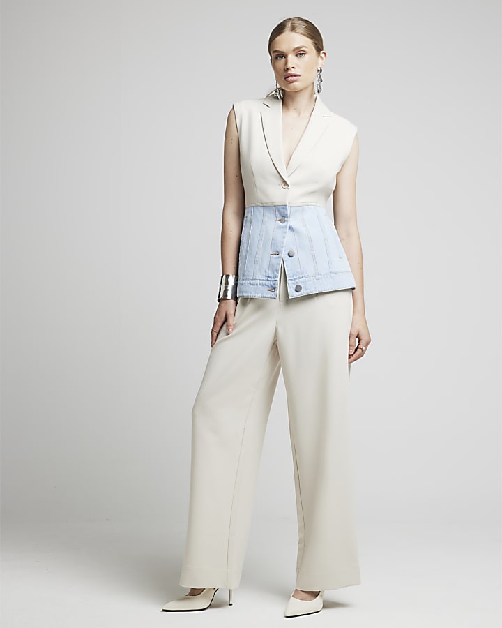 Beige hybrid denim detail wide leg trousers