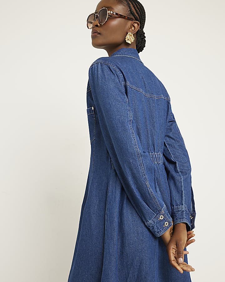 Blue denim midi shirt dress