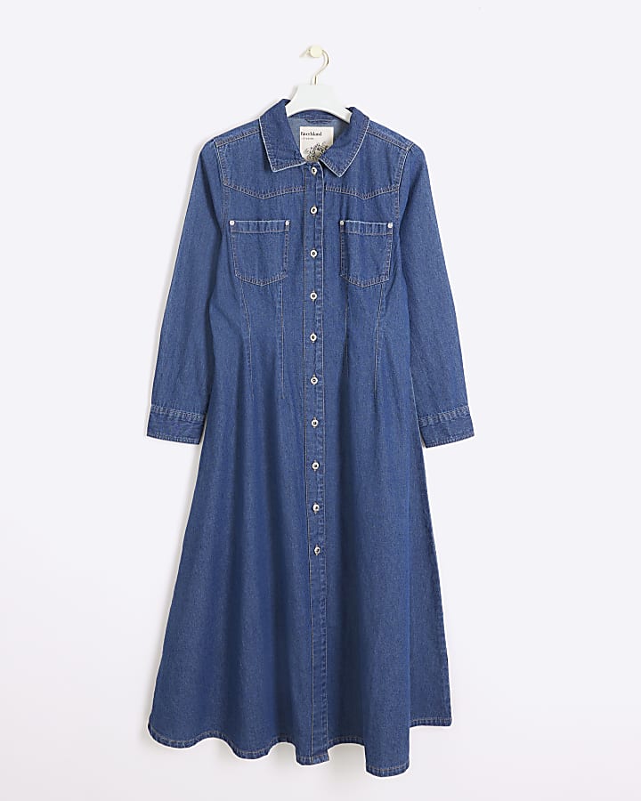 Blue denim midi shirt dress