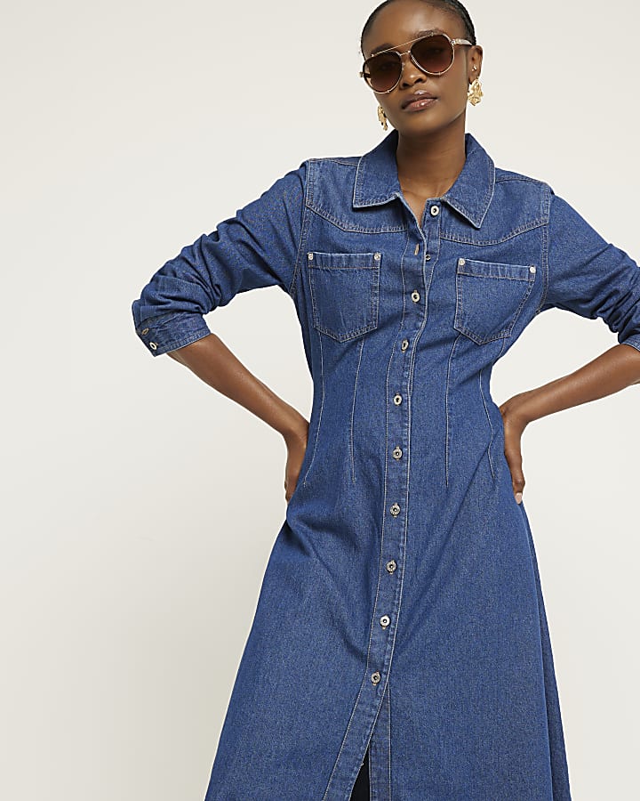 Blue denim midi shirt dress