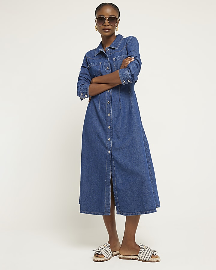 Blue denim midi shirt dress