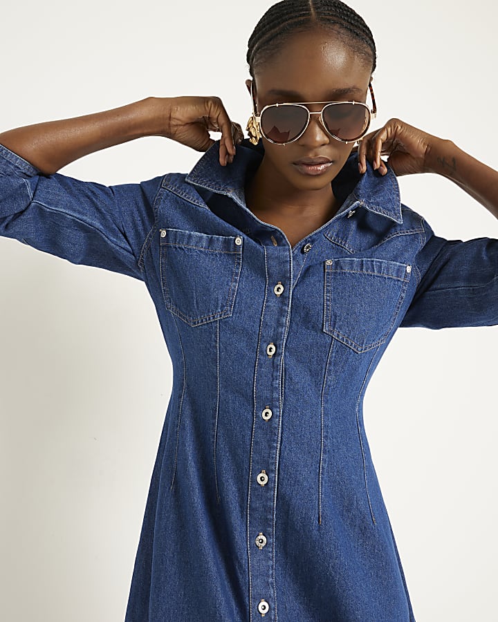 Blue denim midi shirt dress