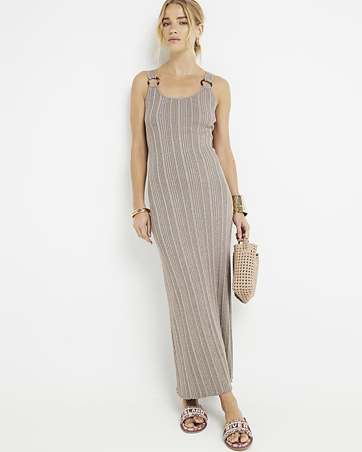 Bronze ribbed metallic bodycon maxi dress