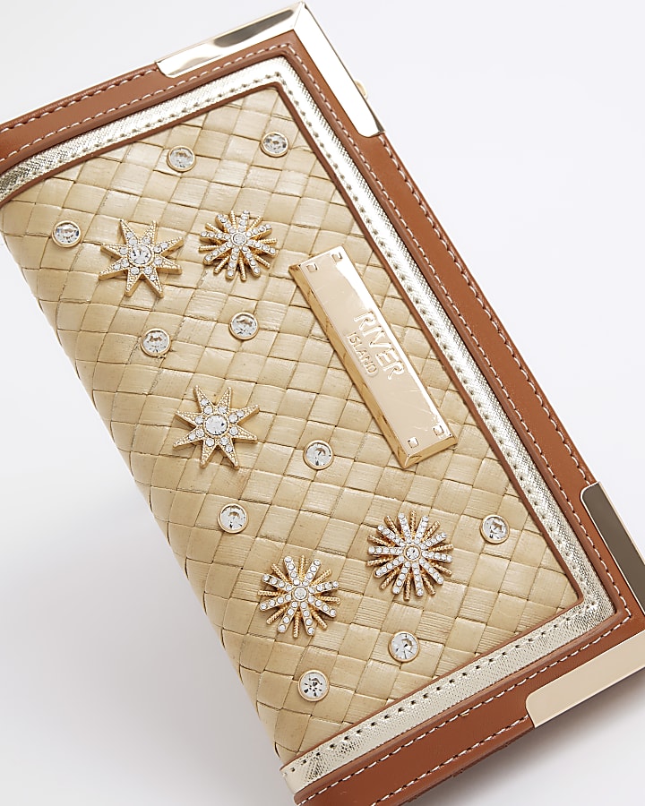 Beige embellished weave purse