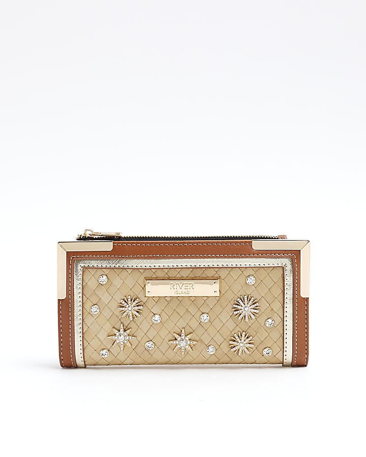 Beige embellished weave purse