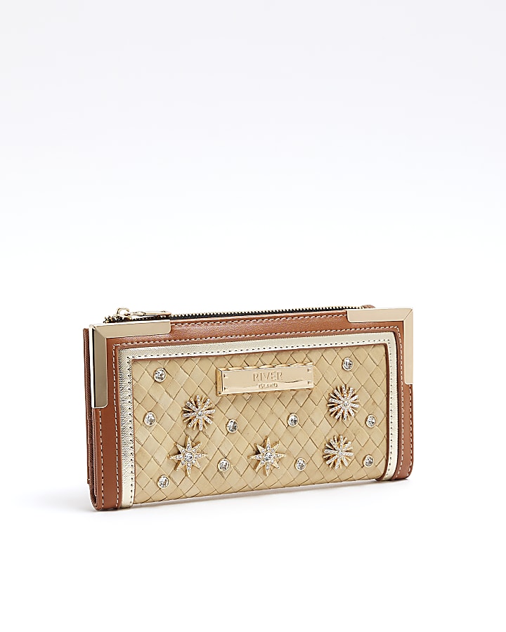 Beige embellished weave purse