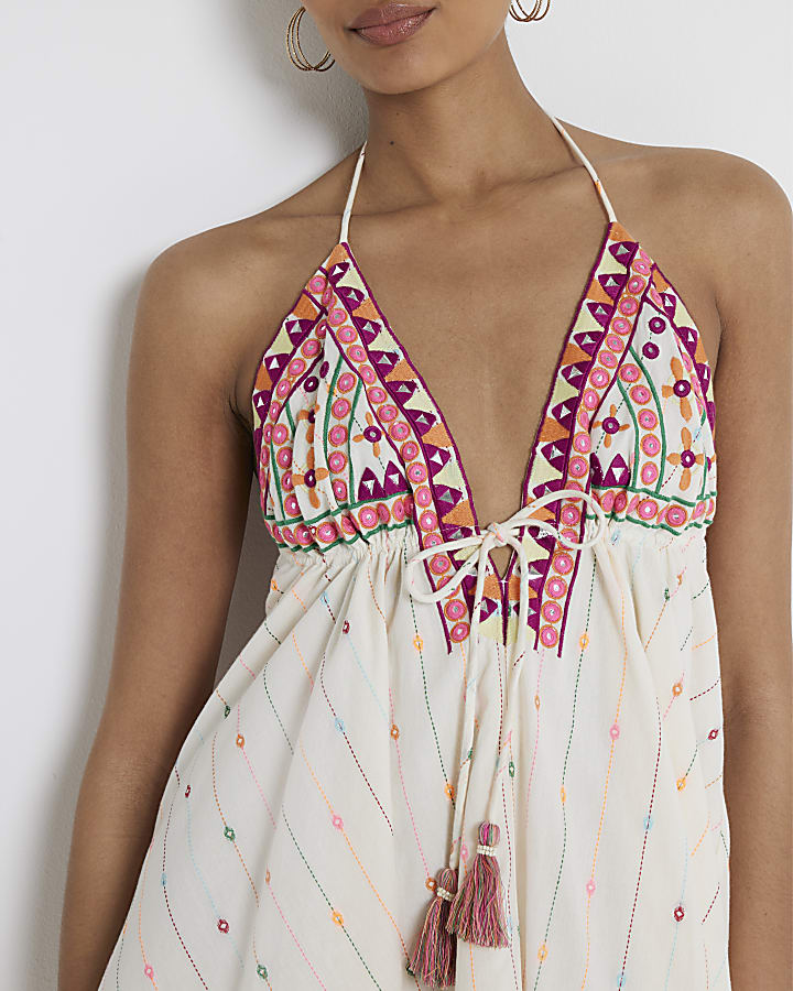 Cream embroidered plunge mini dress