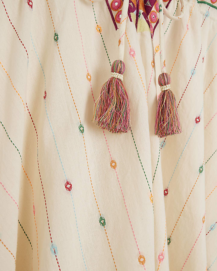 Cream embroidered plunge mini dress