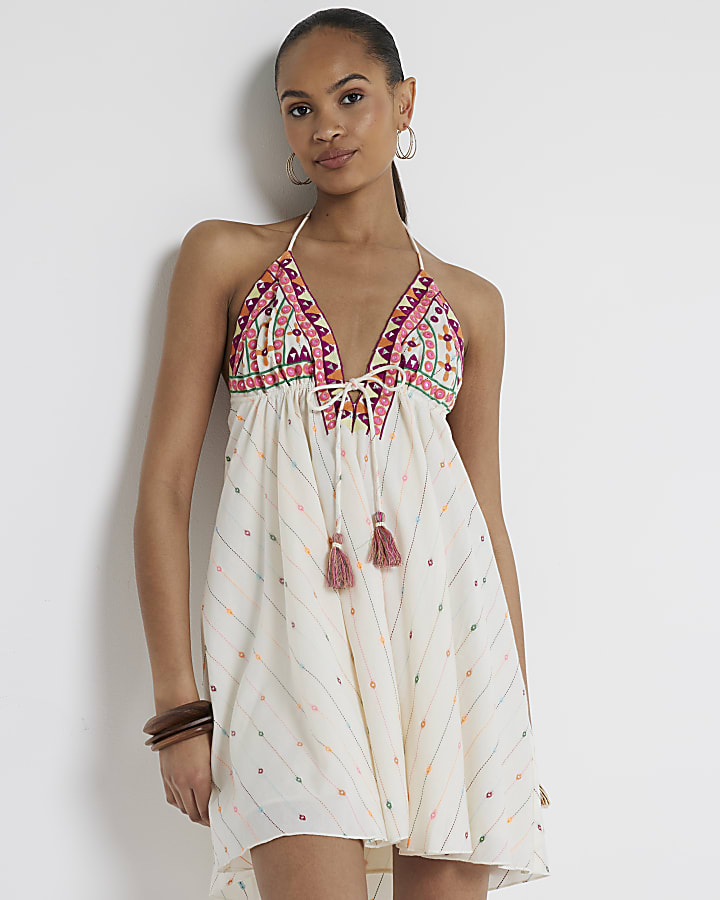 Cream embroidered plunge mini dress