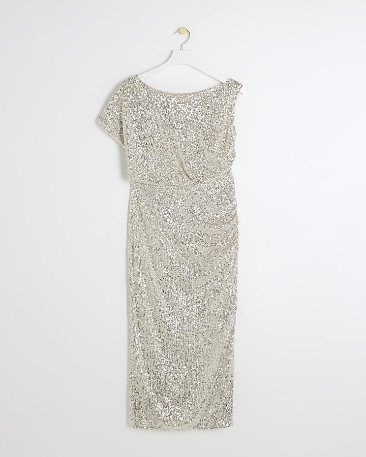 Silver sequin off shoulder bodycon midi dress