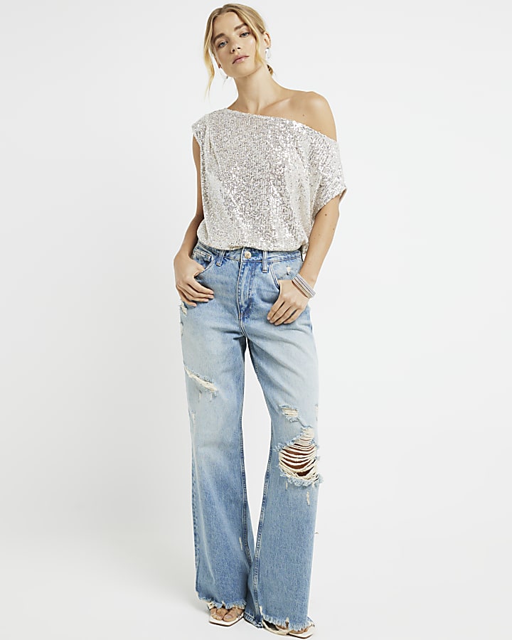 Silver sequin off shoulder top River Island