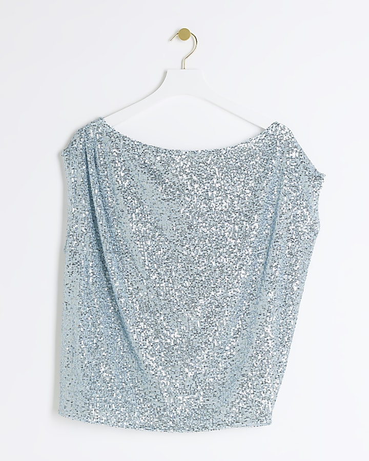 Blue sequin off shoulder top