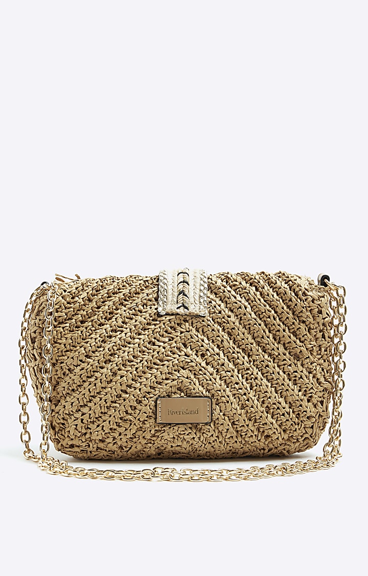 Beige raffia shoulder bag