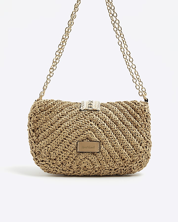 Beige raffia shoulder bag