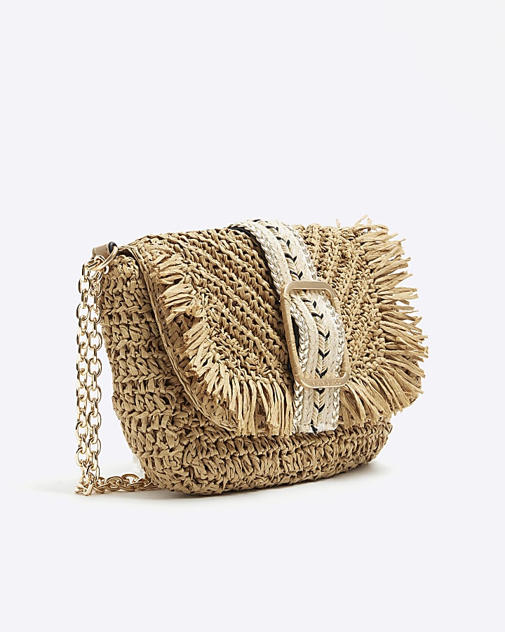 Beige raffia shoulder bag