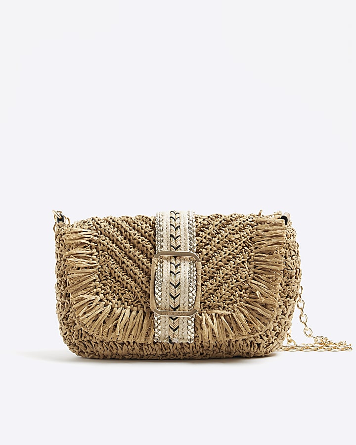 Beige raffia shoulder bag