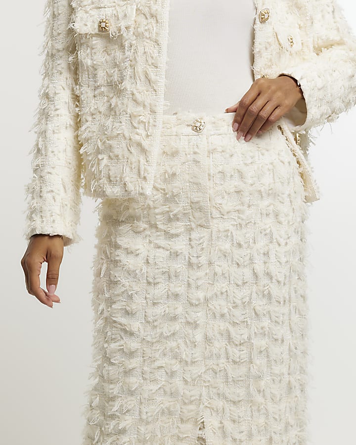 Cream textured pencil midi skirt