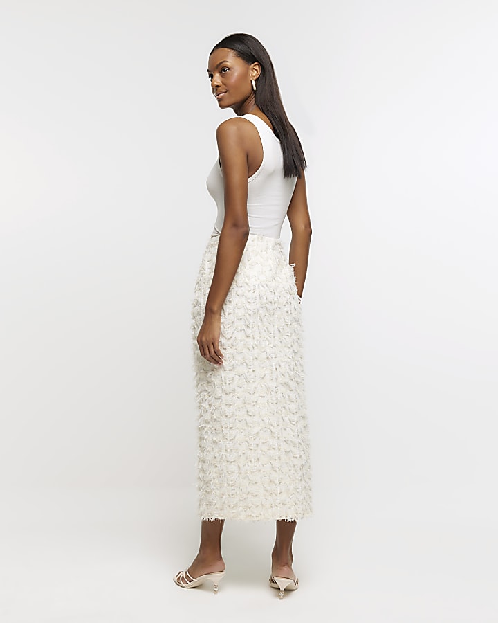 Cream textured pencil midi skirt