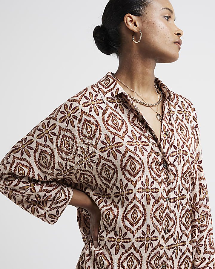 Brown geometric metallic longline shirt