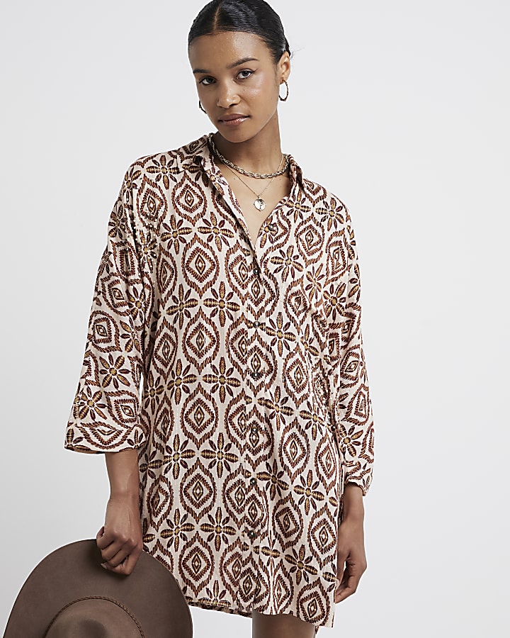 Brown geometric metallic longline shirt