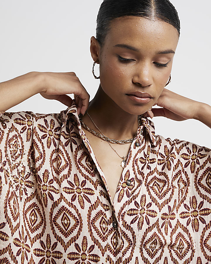 Brown geometric metallic longline shirt
