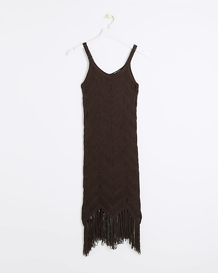 Brown crochet fringe hem bodycon midi dress