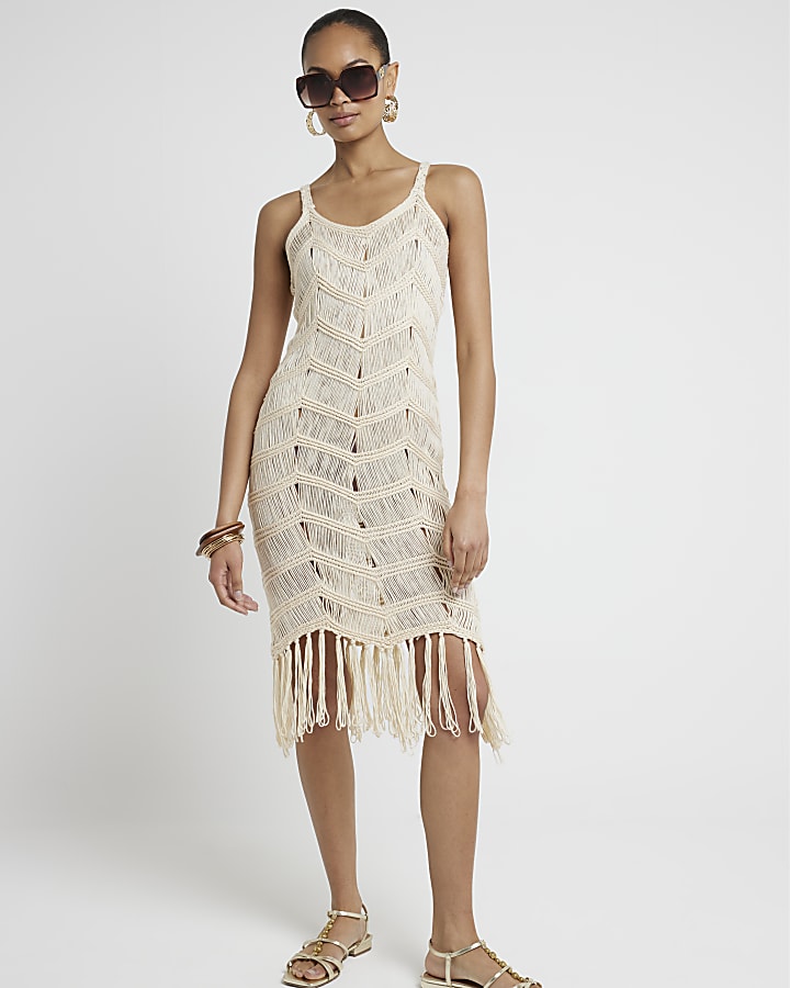 Cream crochet fringe hem bodycon midi dress