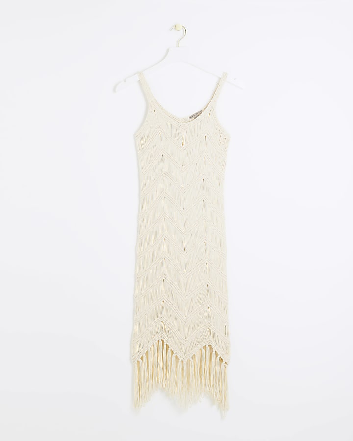 Cream crochet fringe hem bodycon midi dress