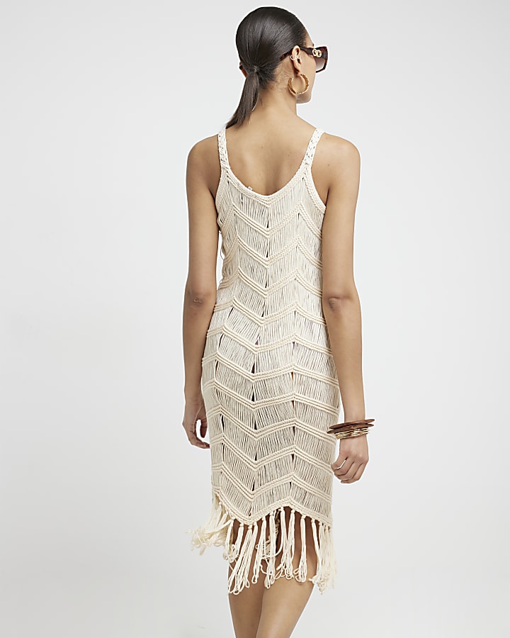 Cream crochet fringe hem bodycon midi dress