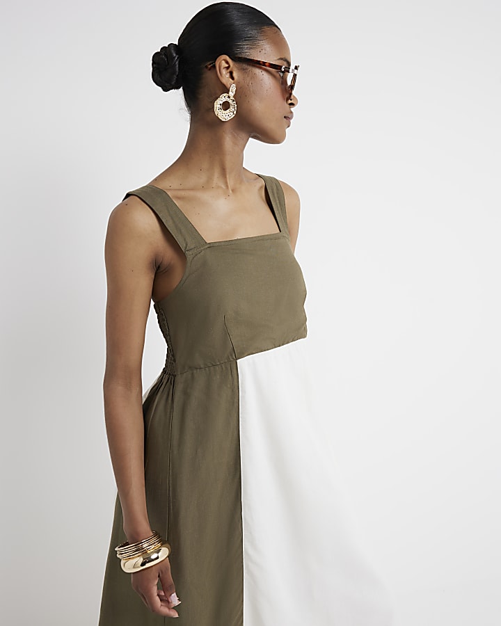 Khaki Linen Blend Smock Maxi Dress