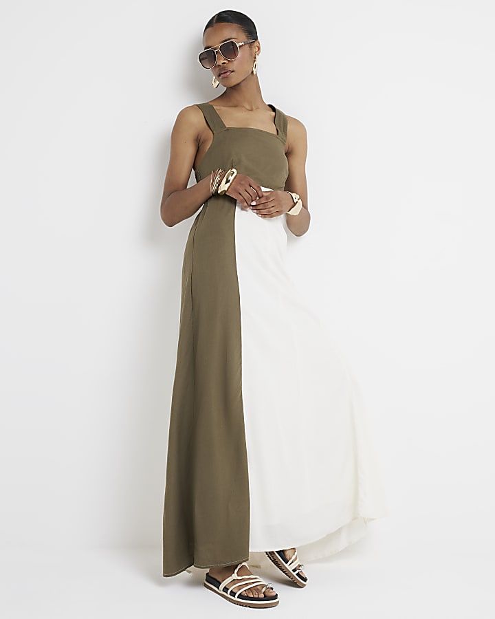 Khaki Linen Blend Smock Maxi Dress