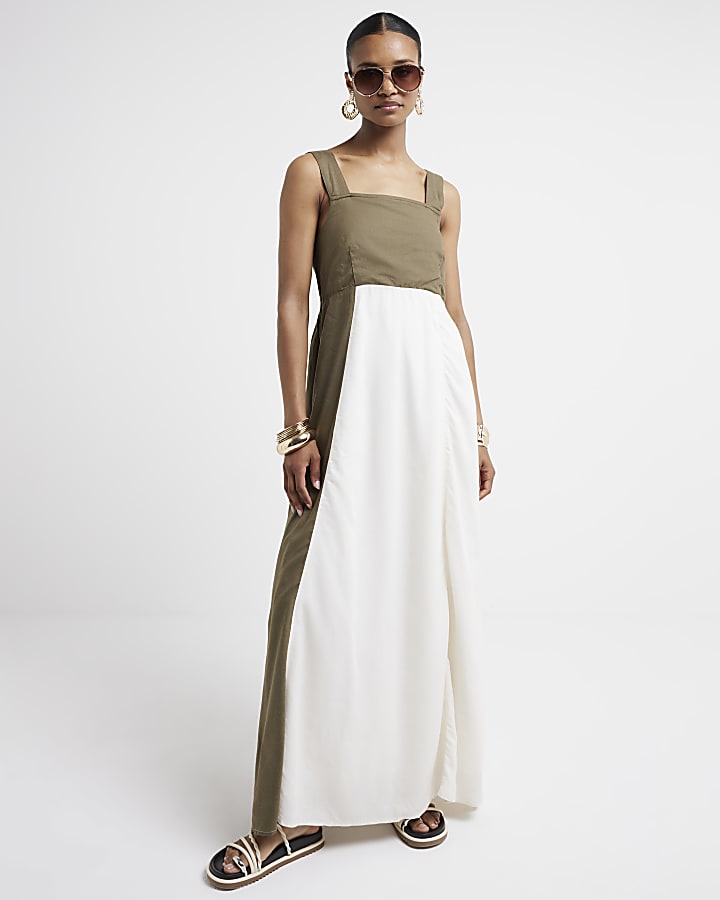 Khaki Linen Blend Smock Maxi Dress