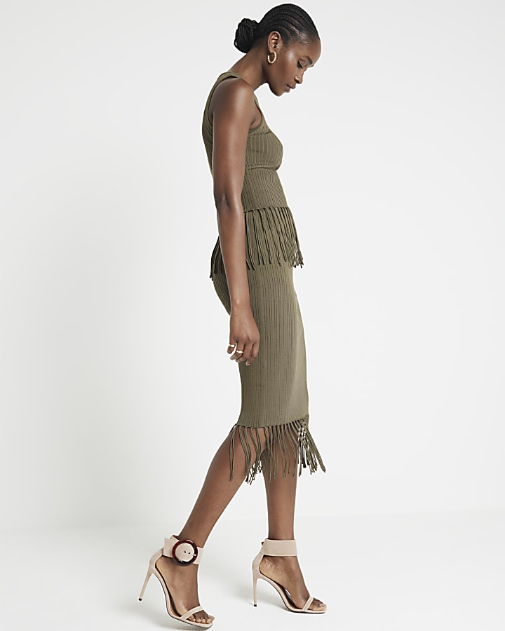 Khaki ribbed fringe vest top