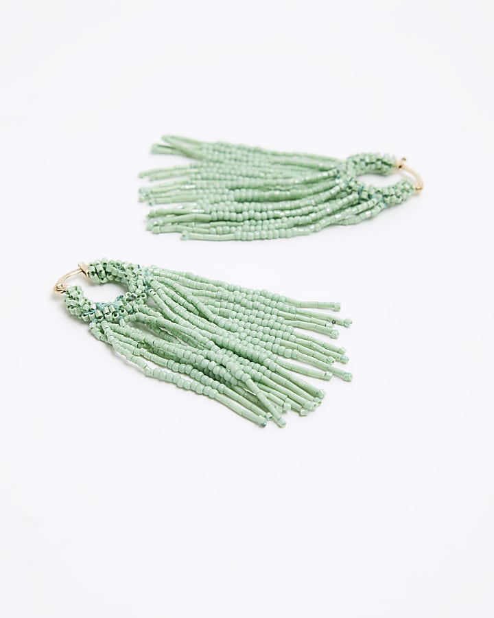Green Beaded Tassel Drop Earrings