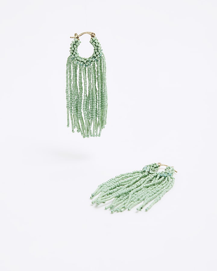 Green Beaded Tassel Drop Earrings