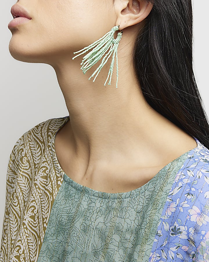 Green Beaded Tassel Drop Earrings
