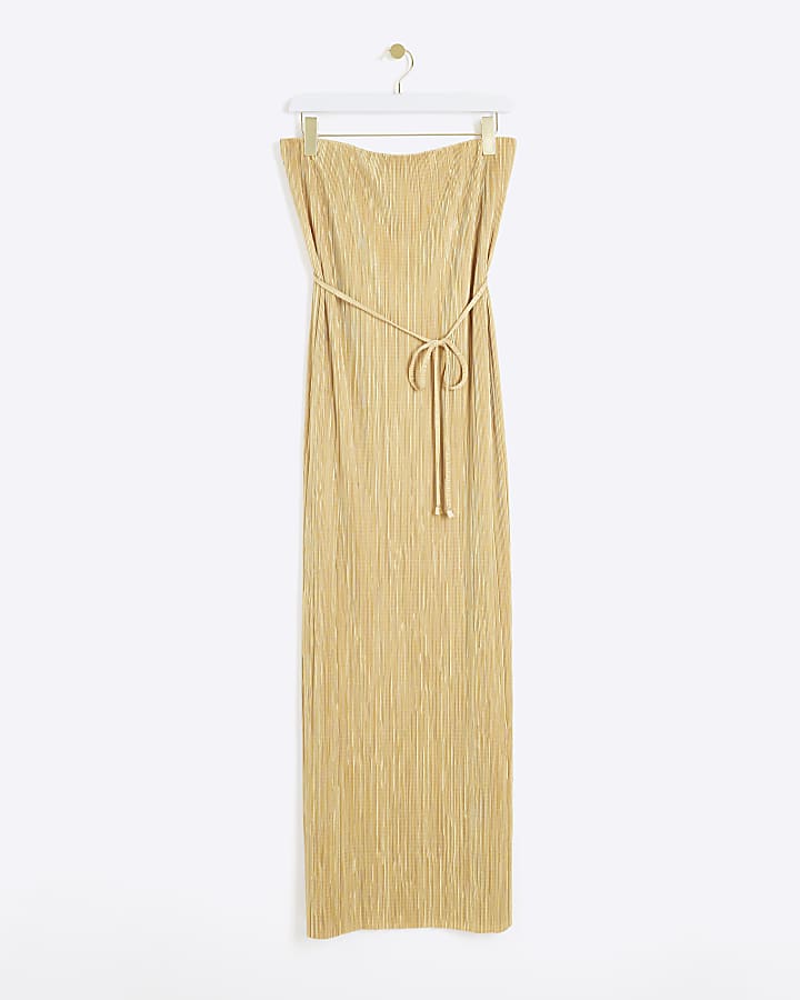 Gold plisse bandeau bodycon maxi dress