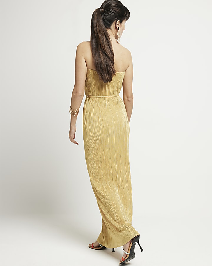 Gold plisse bandeau bodycon maxi dress