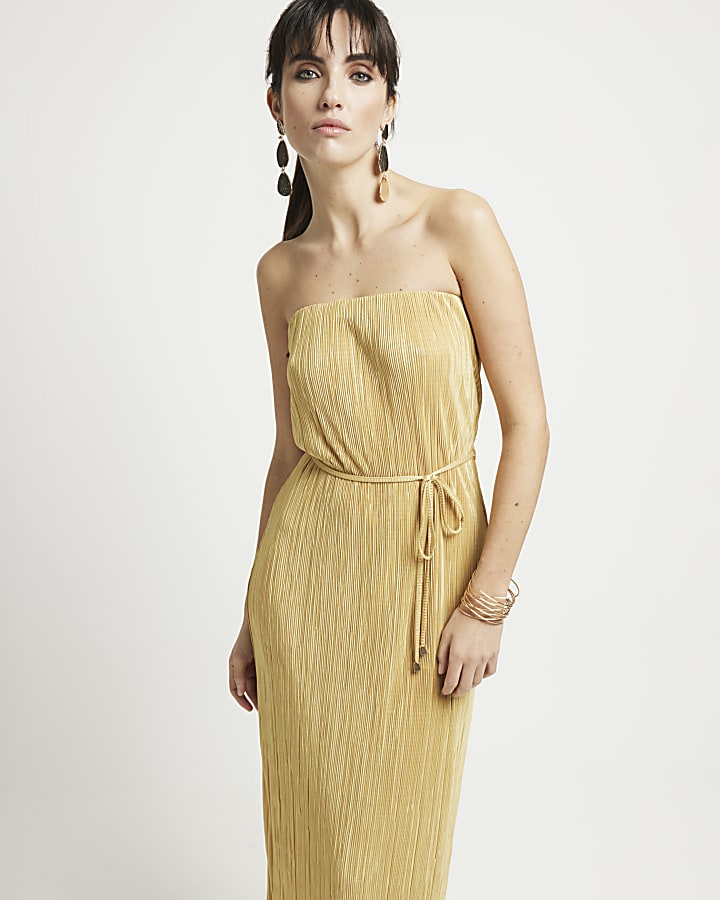 Gold plisse bandeau bodycon maxi dress River Island