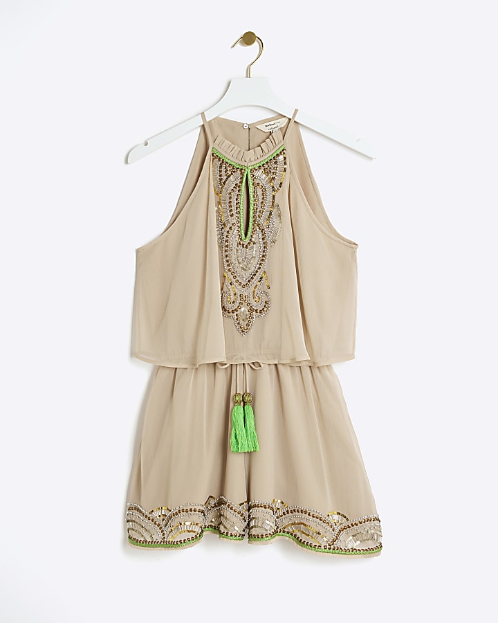 Beige embellished layered playsuit
