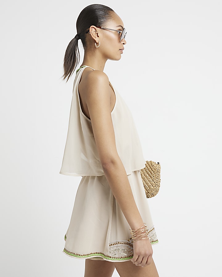 Beige embellished layered playsuit