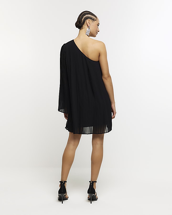 Black plisse one shoulder shift mini dress