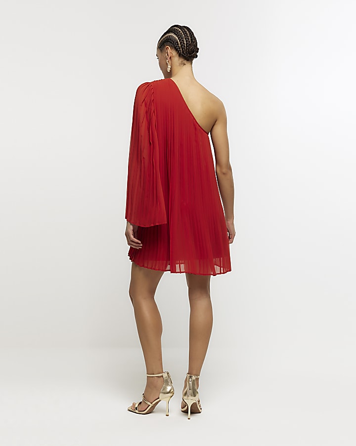 Red plisse one shoulder shift mini dress