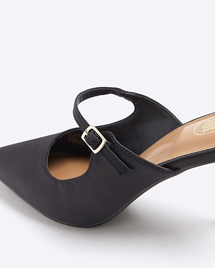 Black satin mary jane heeled mule shoes