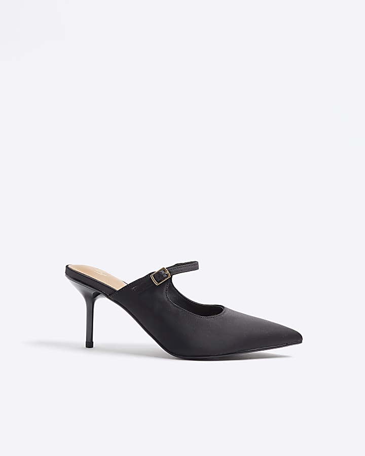 Black satin mary jane heeled mule shoes