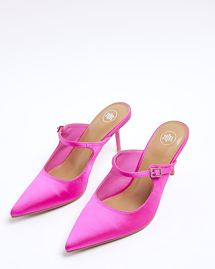 Pink satin mary jane heeled mule shoes