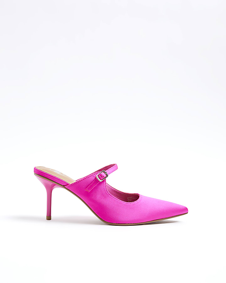 Pink satin mary jane heeled mule shoes